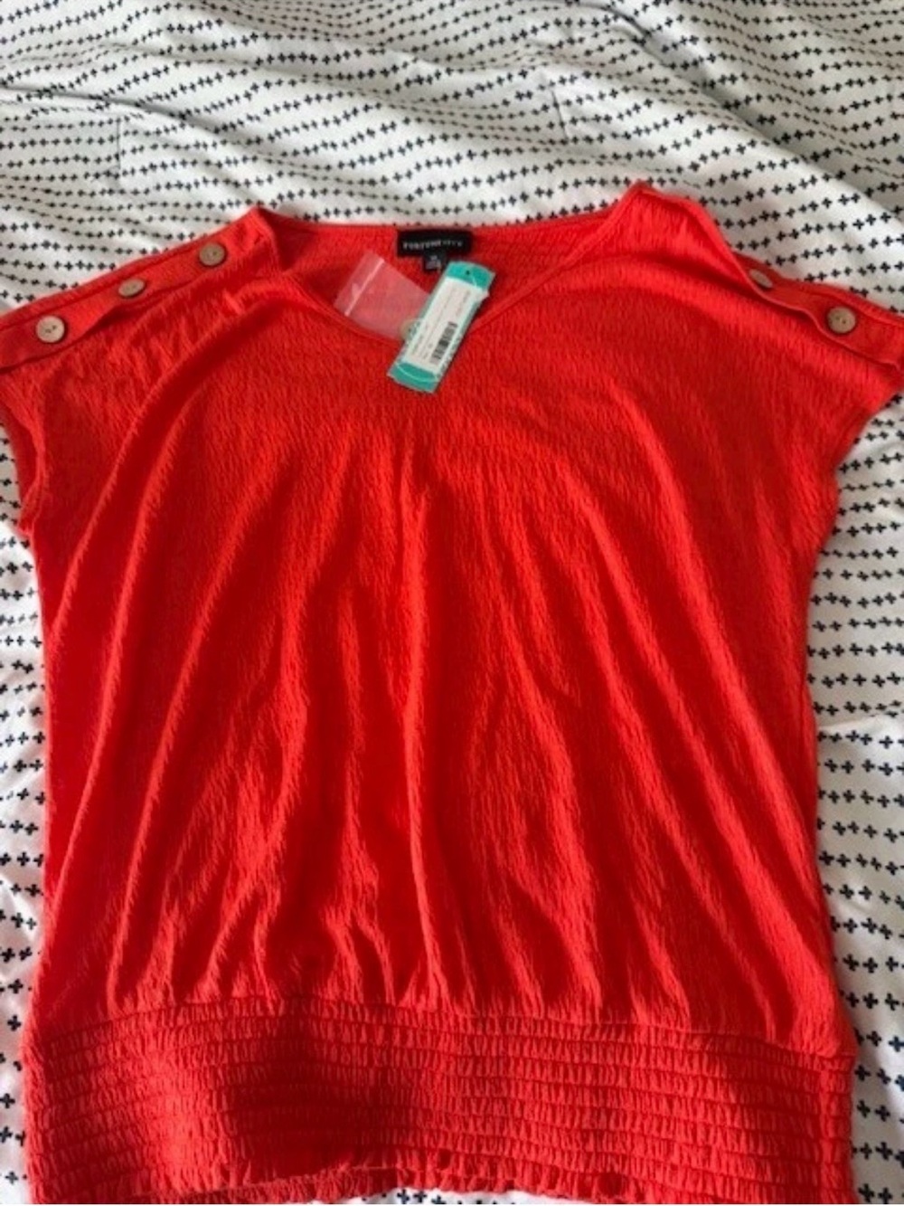Forever 21 Red Button-Shoulder Short Sleeve Blouse